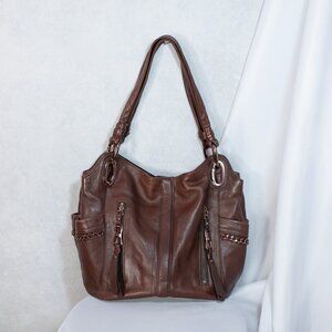B Makowsky Satchel Genuine Leather Double Strap Shoulder Bag Purse Brown Size M